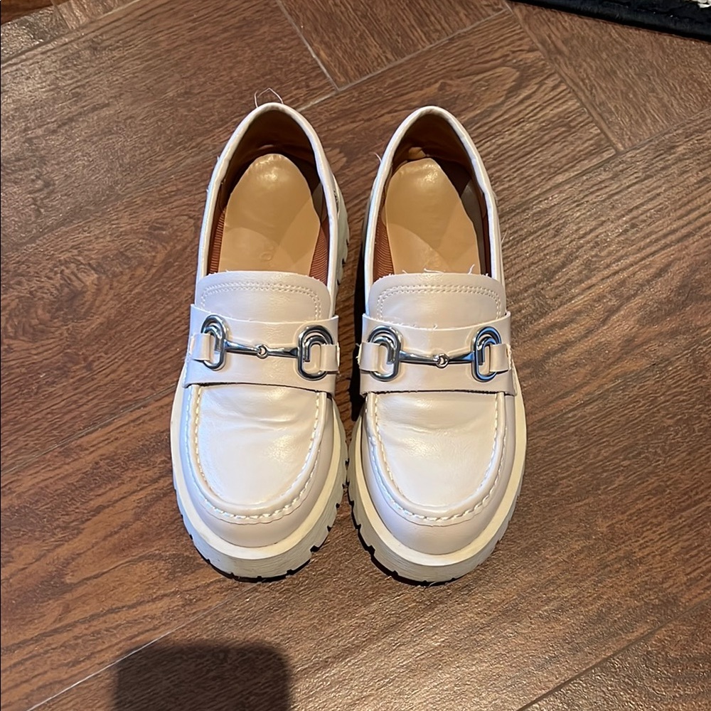 Beige Loafers with Silver Buckle Detail